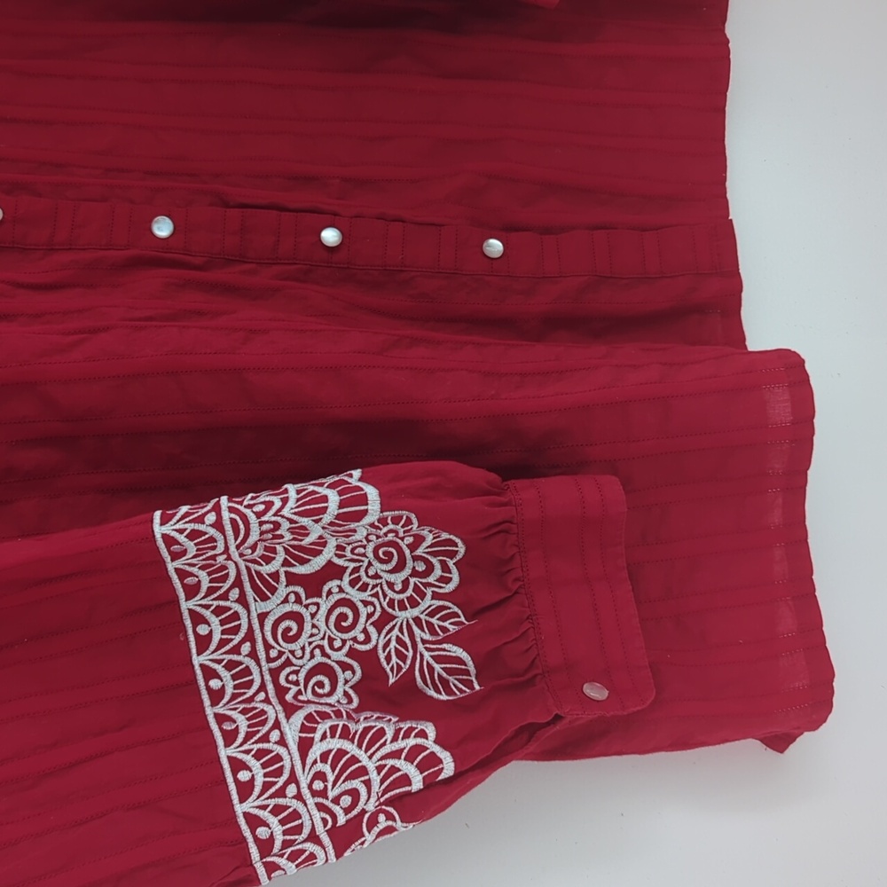 Bob Mackie 100% Cotton Red With White Details Button Down Collared Shirt Size 3X - Picture 5 of 8